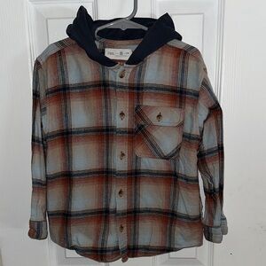 Zara Kids Hooded Plaid Shirt - Brown and Gray
